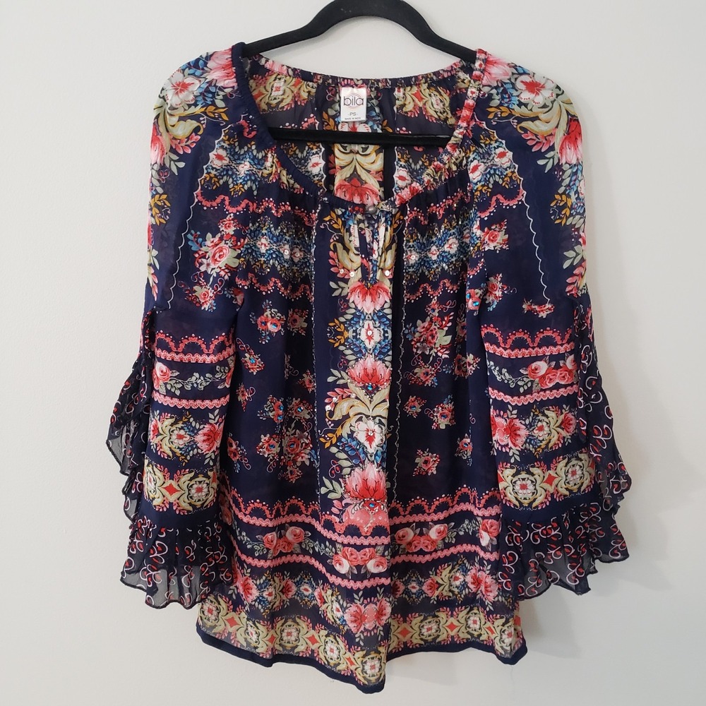 Bila Boho Top Small Pet Indie Hippie Ruffle Bell Sleeve Beads Sequins Maximalist